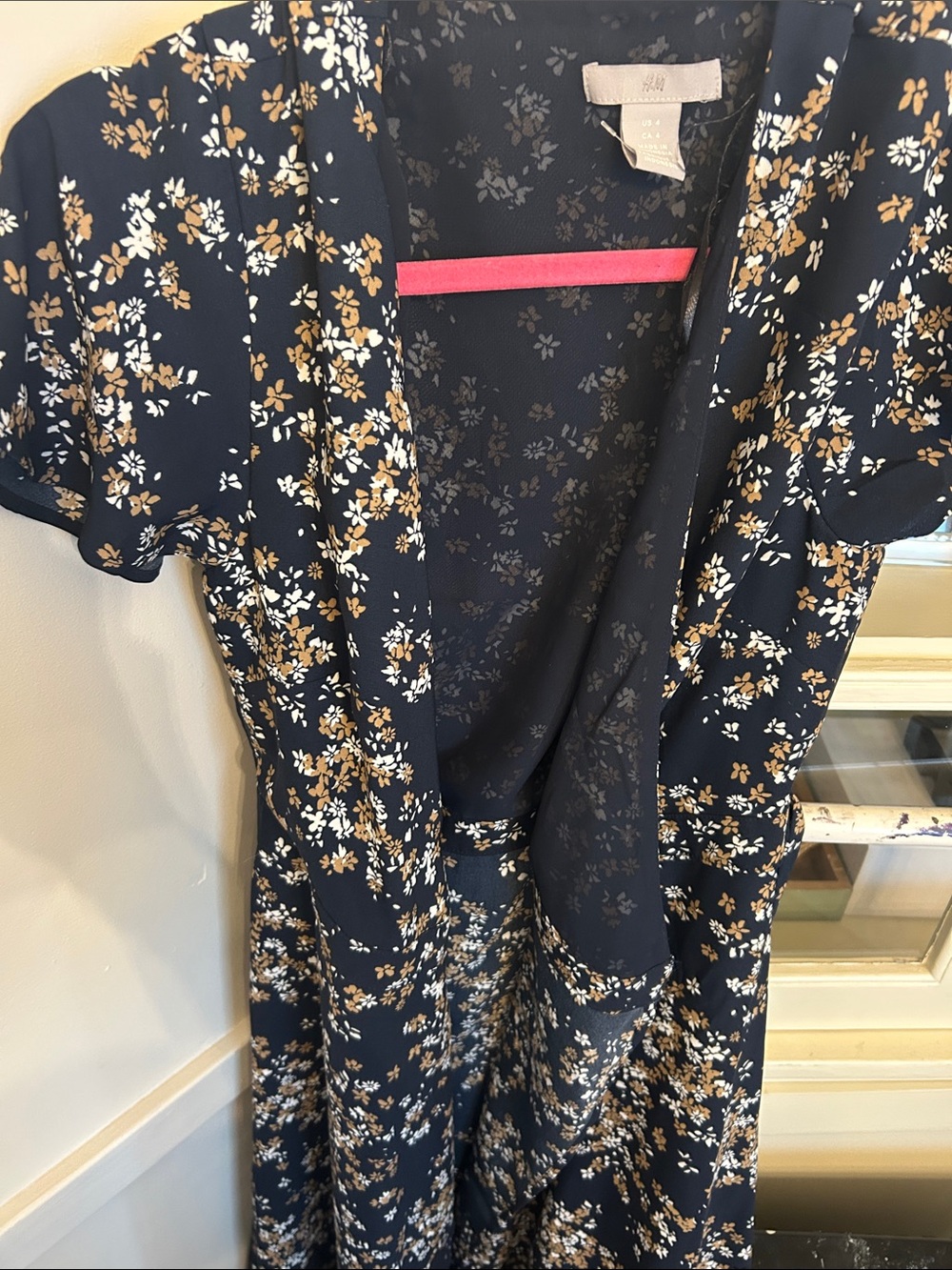 H&M Wrap Around Navy Dress with Mustard & White Floral Print